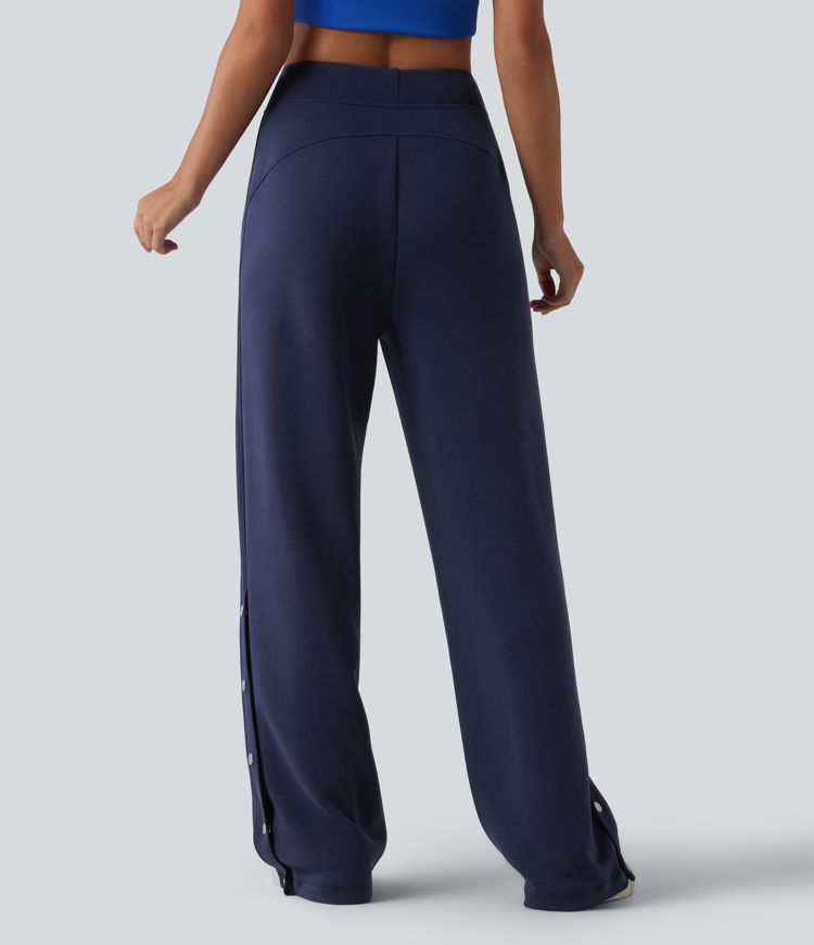 SpacerTek™ High Waisted Snap Button Casual Straight Leg Sweatpants with Pockets