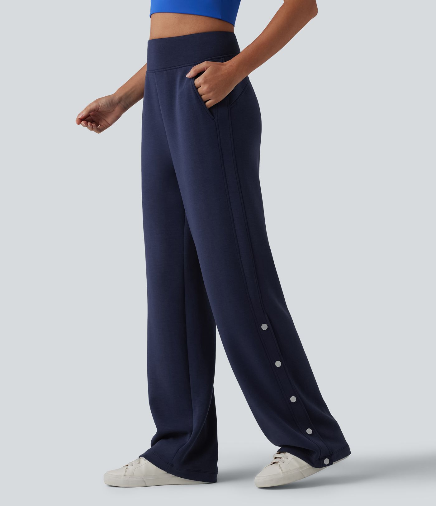SpacerTek™ High Waisted Snap Button Casual Straight Leg Sweatpants with Pockets SpacerTek™ High Waisted Snap Button Casual Straight Leg Sweatpants with Pockets