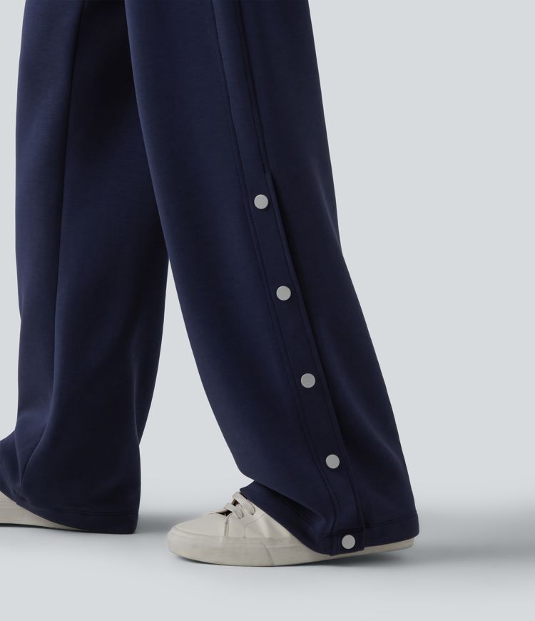 SpacerTek™ High Waisted Snap Button Casual Straight Leg Sweatpants with Pockets