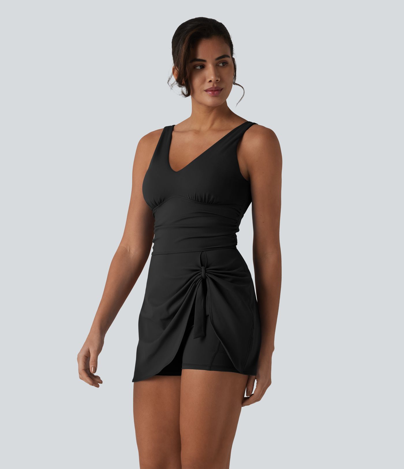 SoftlyZero™ Plush V Neck Built-in Bra Tie Side 2-in-1 Mini Yoga Active Dress with Pockets-Easy Peezy Edition