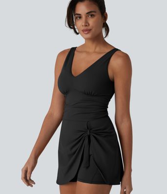 SoftlyZero™ Plush V Neck Built-in Bra Tie Side 2-in-1 Mini Yoga Active Dress with Pockets-Easy Peezy Edition