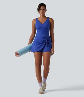 SoftlyZero™ Plush V Neck Built-in Bra Tie Side 2-in-1 Mini Yoga Active Dress with Pockets-Easy Peezy Edition
