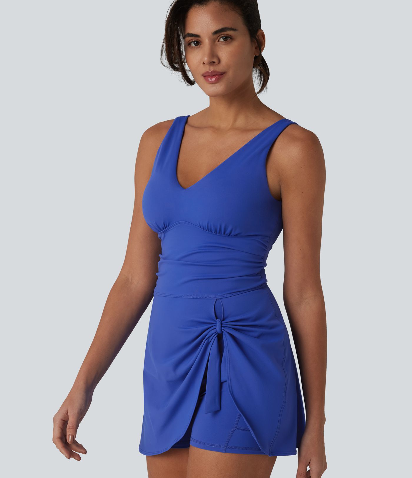 SoftlyZero™ Plush V Neck Built-in Bra Tie Side 2-in-1 Mini Yoga Active Dress with Pockets-Easy Peezy Edition