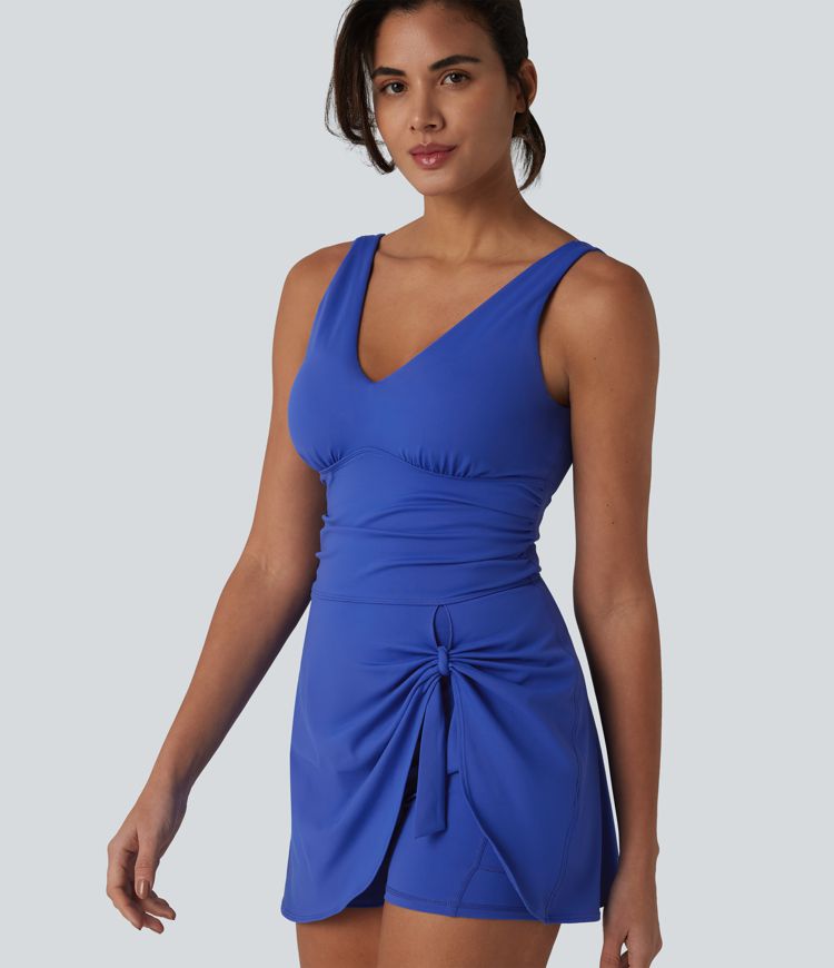 SoftlyZero™ Plush V Neck Built-in Bra Tie Side 2-in-1 Mini Yoga Active Dress with Pockets-Easy Peezy Edition