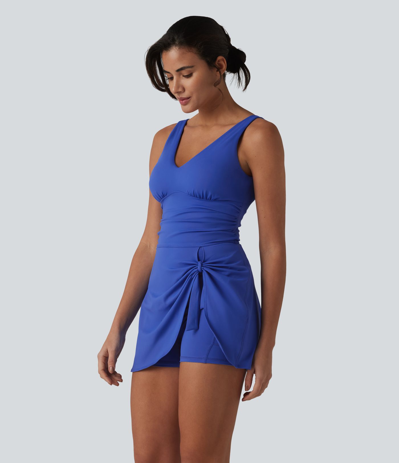 SoftlyZero™ Plush V Neck Built-in Bra Tie Side 2-in-1 Mini Yoga Active Dress with Pockets-Easy Peezy Edition