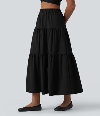 Jupe midi trapèze taille haute en popeline extensible avec poches