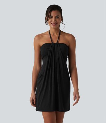 Halter Tie Back Mini Resort Dress with Pockets