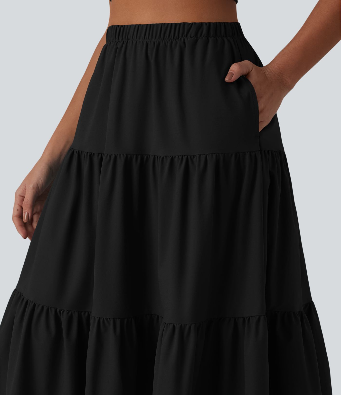 Jupe midi trapèze taille haute en popeline extensible avec poches