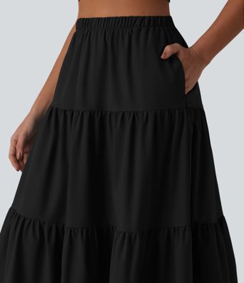 Jupe midi trapèze taille haute en popeline extensible avec poches