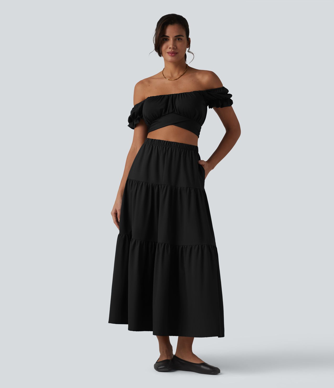 Jupe midi trapèze taille haute en popeline extensible avec poches