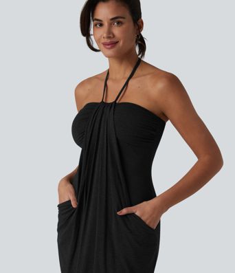 Halter Tie Back Mini Resort Dress with Pockets