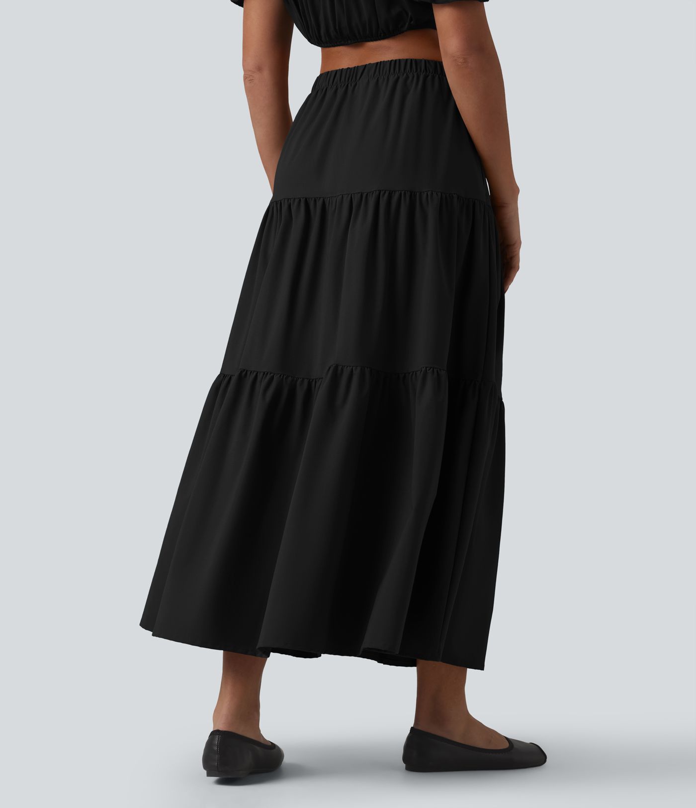 Jupe midi trapèze taille haute en popeline extensible avec poches