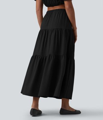 Jupe midi trapèze taille haute en popeline extensible avec poches