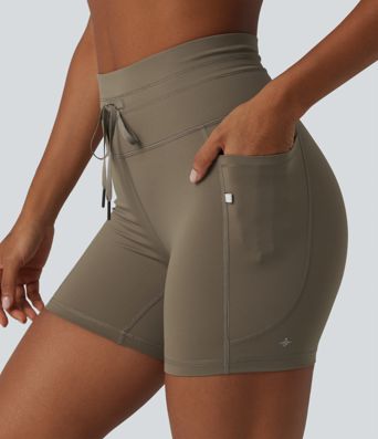 High Waisted Drawstring Plain Yoga Biker Shorts 5'' with Pockets