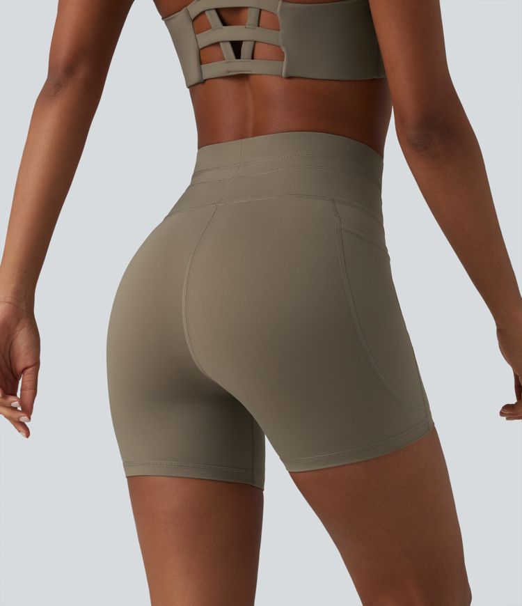 High Waisted Drawstring Plain Yoga Biker Shorts 5'' with Pockets