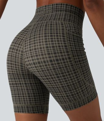 Halara UltraSculpt™ Check Plaid Print High Waisted Drawstring Yoga Biker Shorts 7'' with Pockets