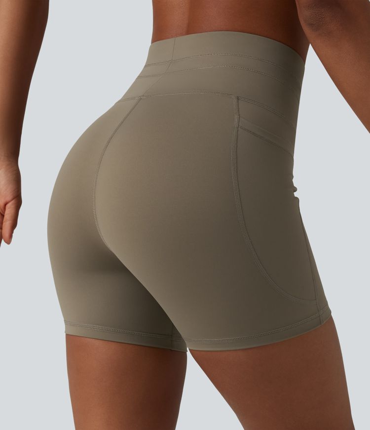 High Waisted Drawstring Plain Yoga Biker Shorts 5'' with Pockets