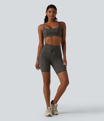 Halara UltraSculpt™ Check Plaid Print High Waisted Drawstring Yoga Biker Shorts 7'' with Pockets