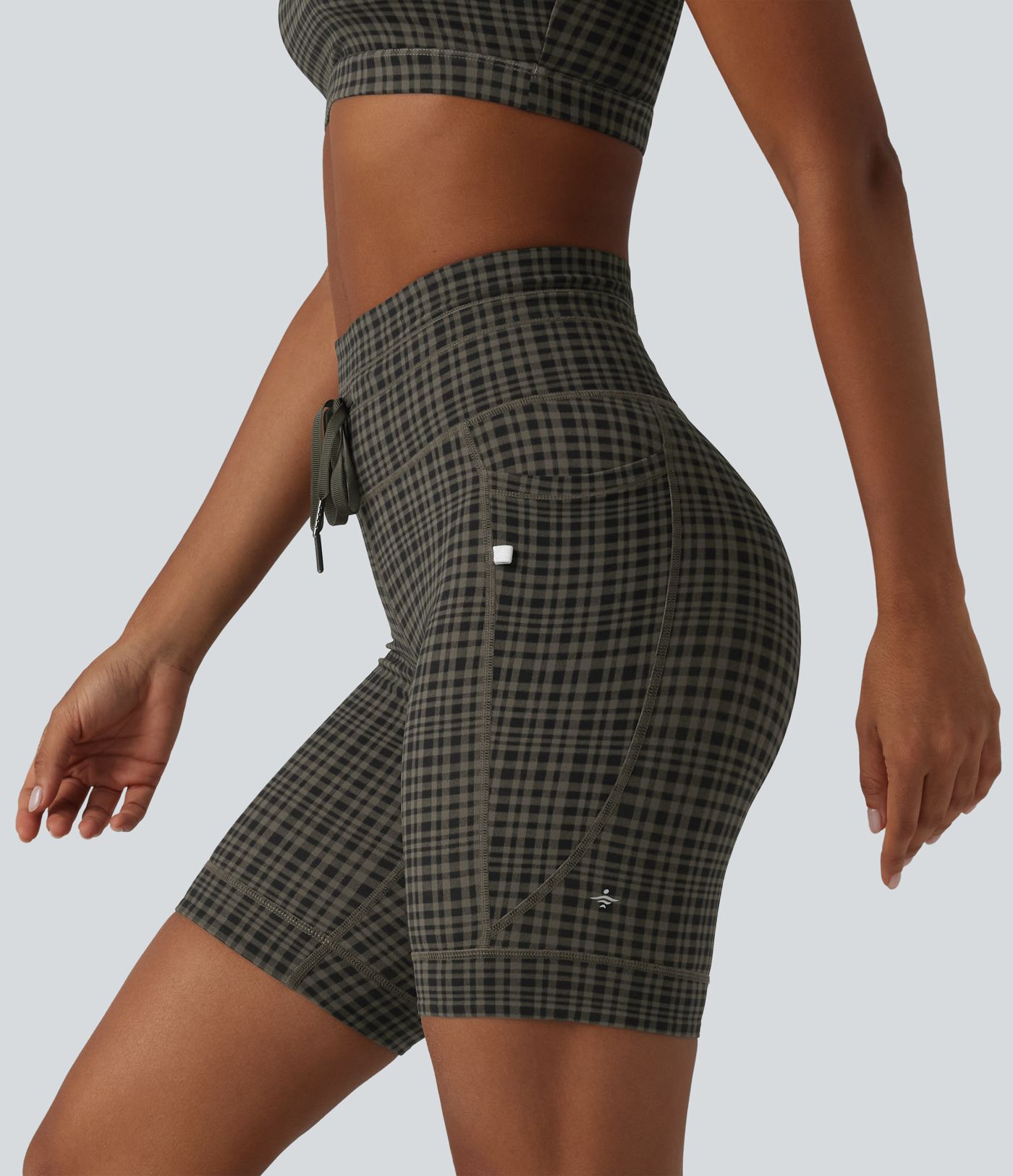 Halara UltraSculpt™ Check Plaid Print High Waisted Drawstring Yoga Biker Shorts 7'' with Pockets