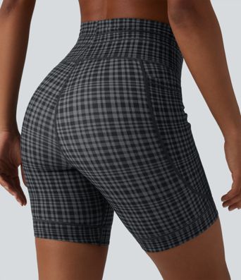 Halara UltraSculpt™ joga kolesarske kratke hlače z visokim pasom, karo potiskom, z zategovalno vrvico, 7'' z žepom