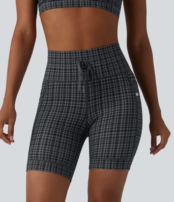 Halara UltraSculpt™ joga kolesarske kratke hlače z visokim pasom, karo potiskom, z zategovalno vrvico, 7'' z žepom