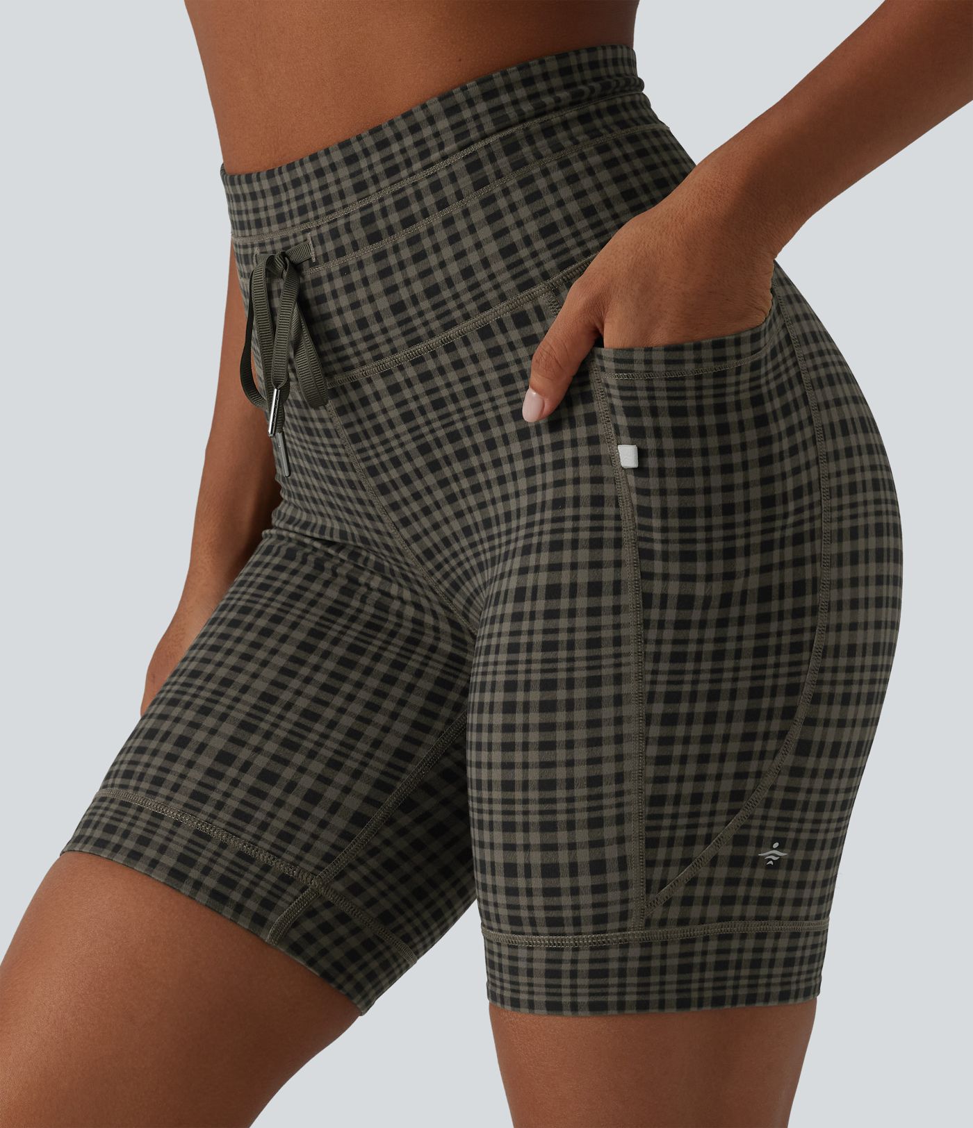 Halara UltraSculpt™ Check Plaid Print High Waisted Drawstring Yoga Biker Shorts 7'' with Pockets
