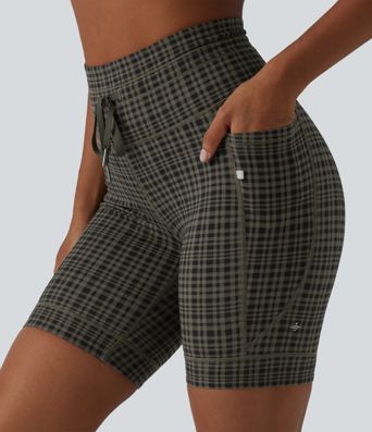Halara UltraSculpt™ Check Plaid Print High Waisted Drawstring Yoga Biker Shorts 7'' with Pockets