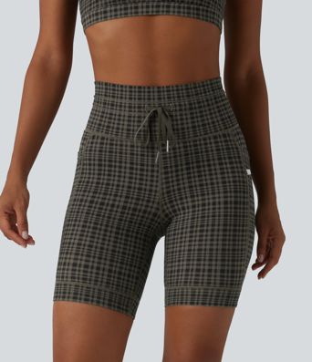 Halara UltraSculpt™ Check Plaid Print High Waisted Drawstring Yoga Biker Shorts 7'' with Pockets