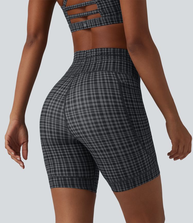 Halara UltraSculpt™ joga kolesarske kratke hlače z visokim pasom, karo potiskom, z zategovalno vrvico, 7'' z žepom