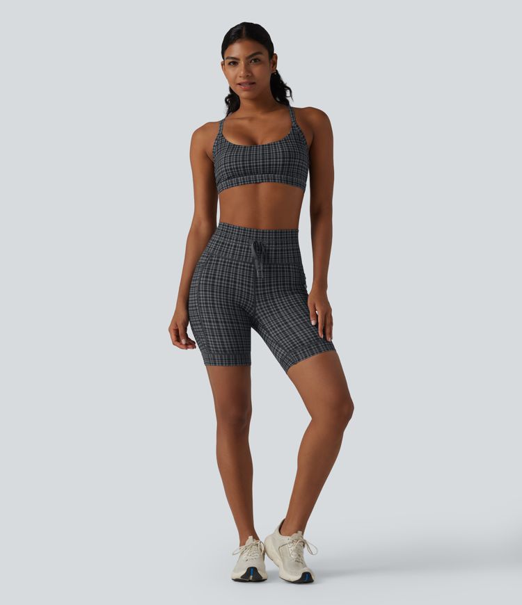 Halara UltraSculpt™ joga kolesarske kratke hlače z visokim pasom, karo potiskom, z zategovalno vrvico, 7'' z žepom