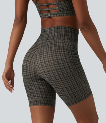 Halara UltraSculpt™ Check Plaid Print High Waisted Drawstring Yoga Biker Shorts 7'' with Pockets