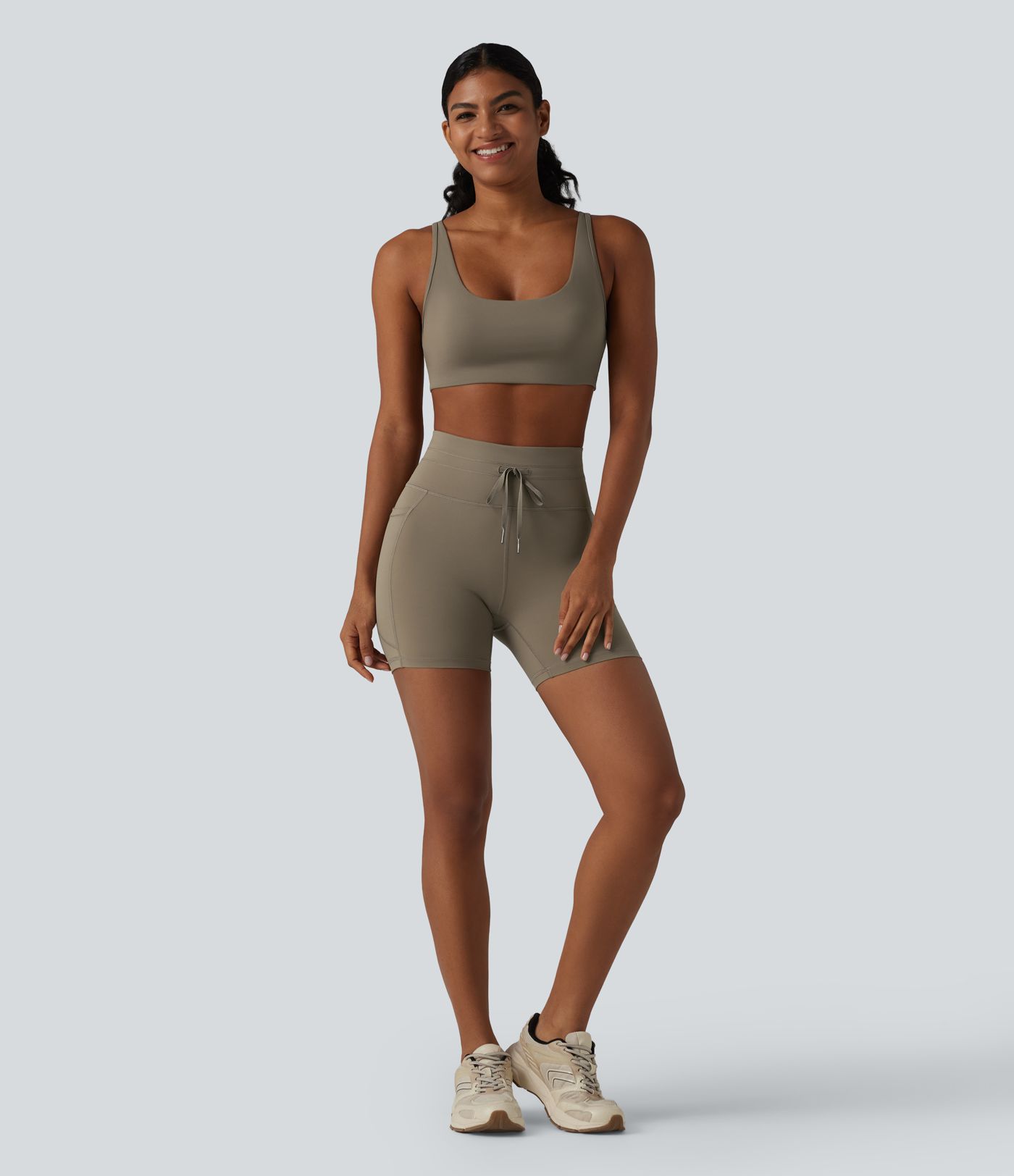 High Waisted Drawstring Plain Yoga Biker Shorts 5'' with Pockets