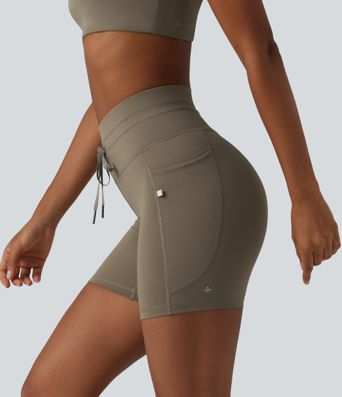 High Waisted Drawstring Plain Yoga Biker Shorts 5'' with Pockets