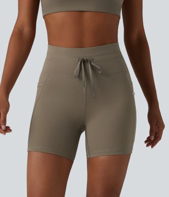 High Waisted Drawstring Plain Yoga Biker Shorts 5'' with Pockets
