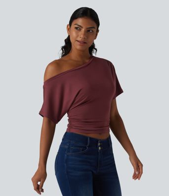 One-shoulder Short Sleeve Ruched Built-in Bra Casual T-Shirt