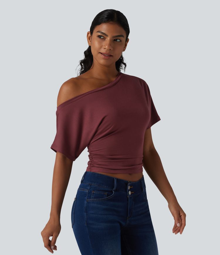 One-shoulder Short Sleeve Ruched Built-in Bra Casual T-Shirt