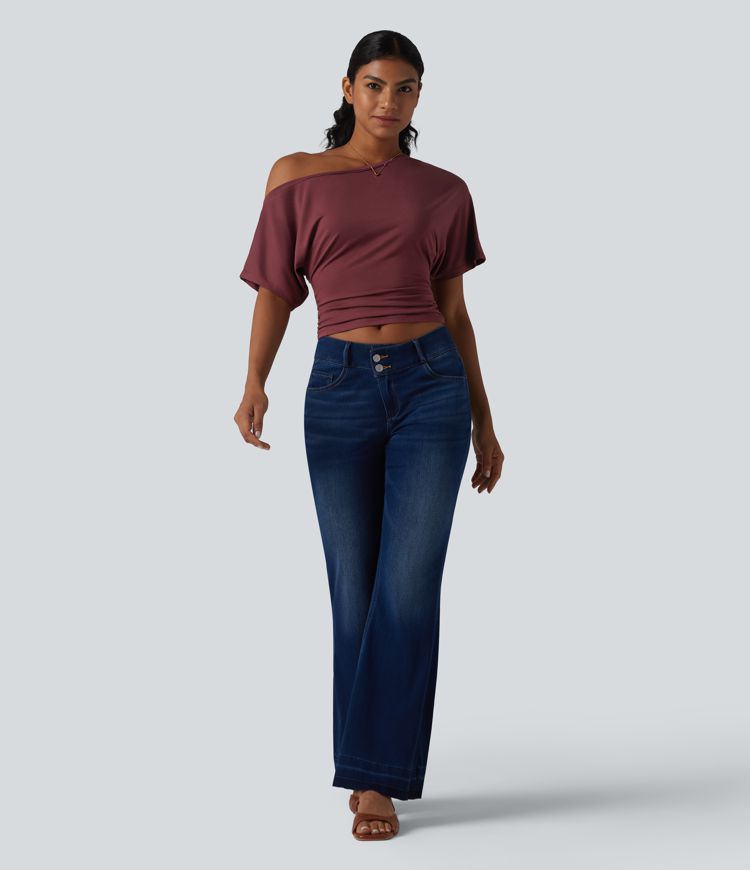 One-shoulder Short Sleeve Ruched Built-in Bra Casual T-Shirt