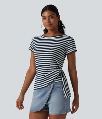 Round Neck Short Sleeve Asymmetric Hem Stripe Casual Top