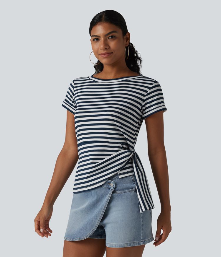 Round Neck Short Sleeve Asymmetric Hem Stripe Casual Top