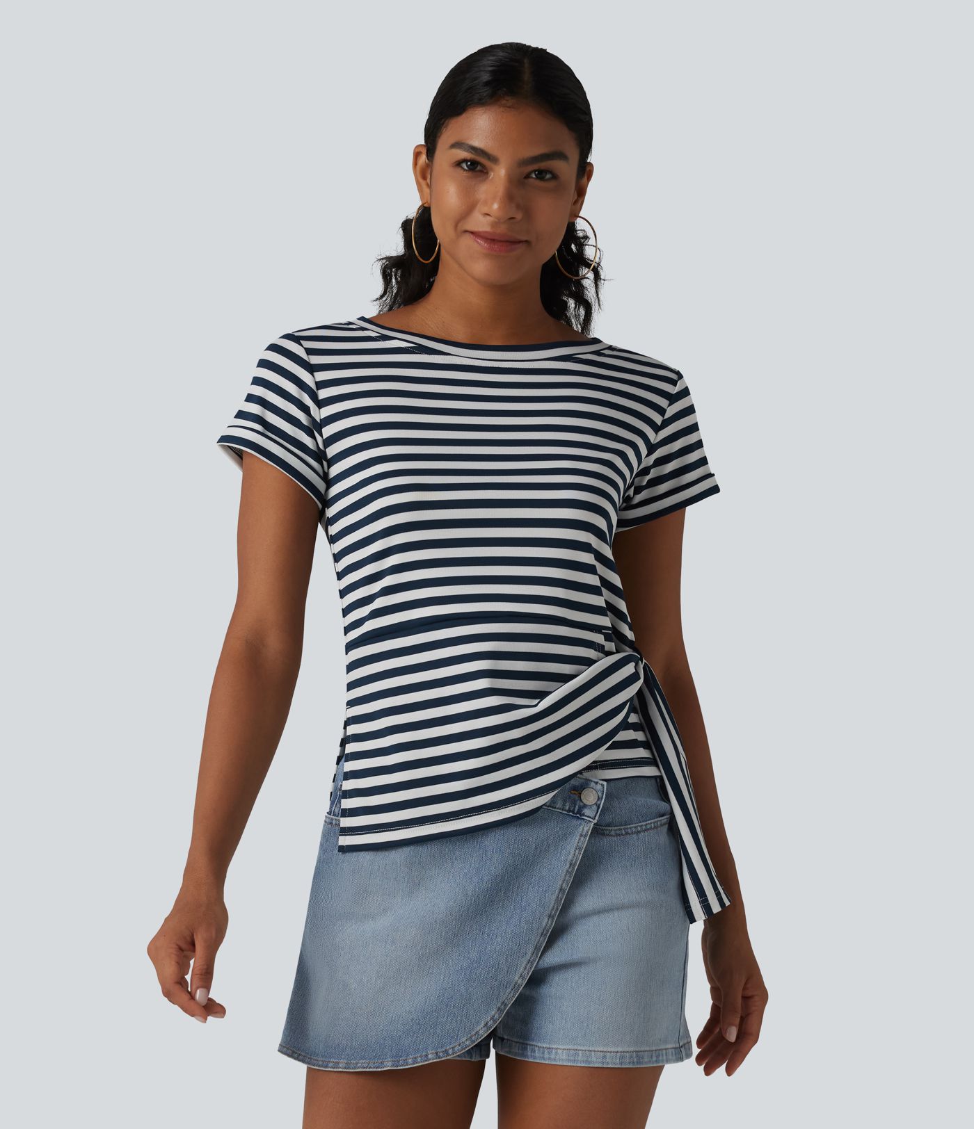 Round Neck Short Sleeve Asymmetric Hem Stripe Casual Top