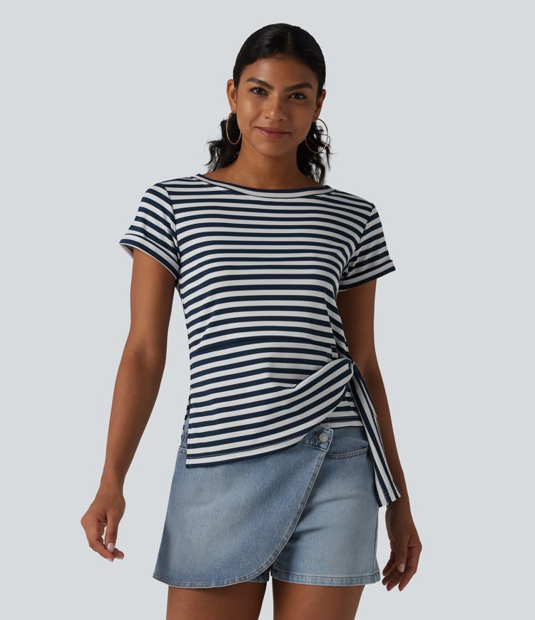 Round Neck Short Sleeve Asymmetric Hem Stripe Casual Top