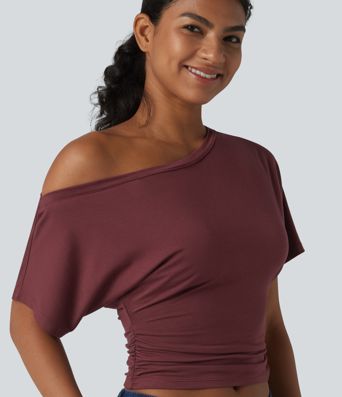 One-shoulder Short Sleeve Ruched Built-in Bra Casual T-Shirt