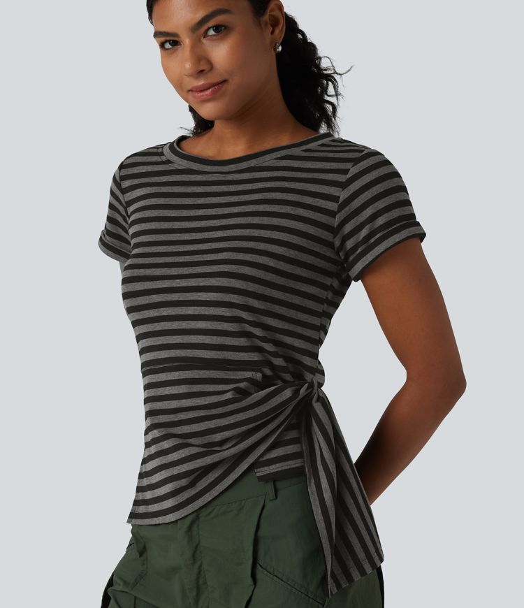 Round Neck Short Sleeve Asymmetric Hem Stripe Casual Top