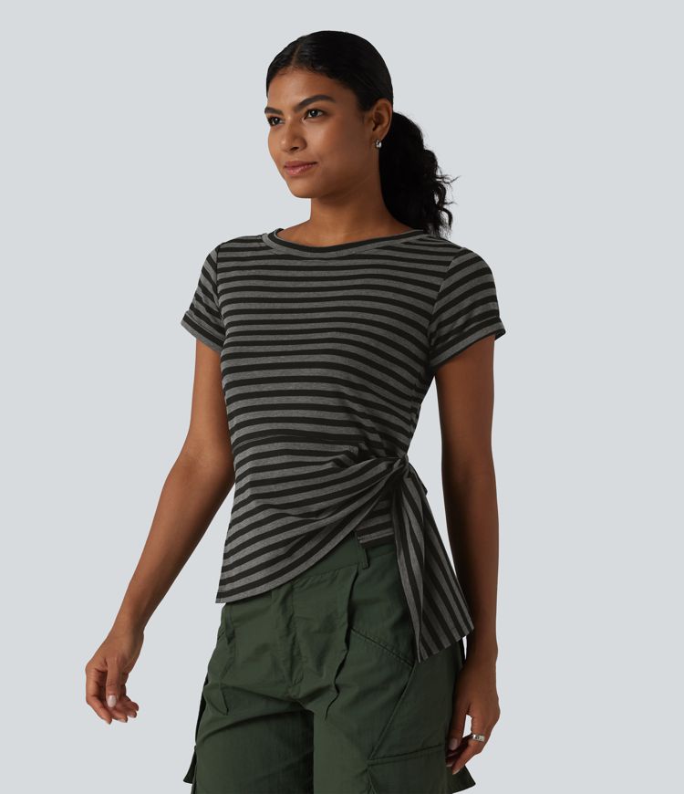 Round Neck Short Sleeve Asymmetric Hem Stripe Casual Top