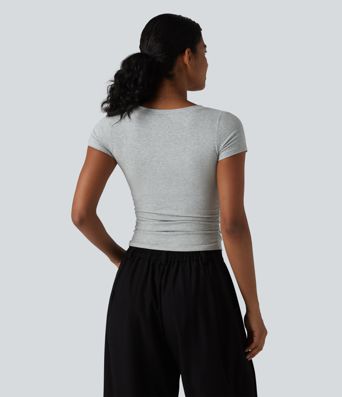 Halara Cotton Jersey V Neck Short Sleeve Built-in Bra Push Up Ruched Casual T-Shirt