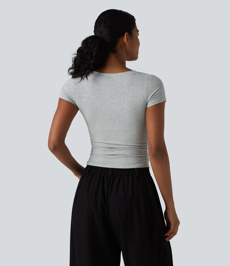 Halara Cotton Jersey V Neck Short Sleeve Built-in Bra Push Up Ruched Casual T-Shirt