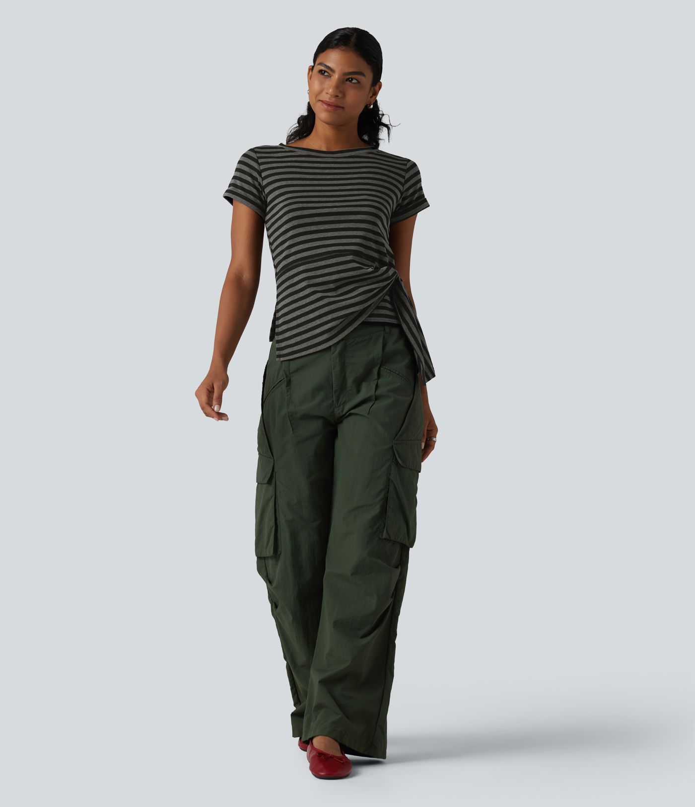 Round Neck Short Sleeve Asymmetric Hem Stripe Casual Top