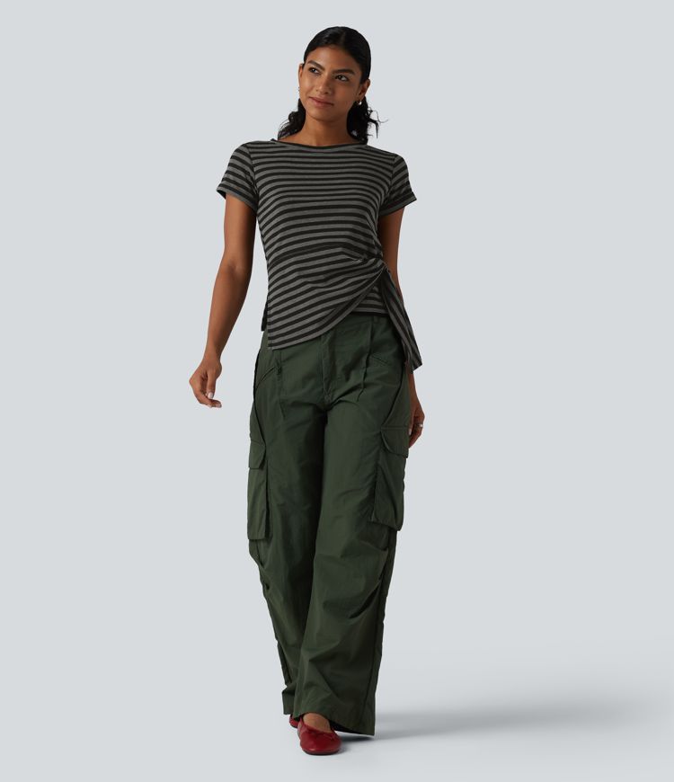 Round Neck Short Sleeve Asymmetric Hem Stripe Casual Top