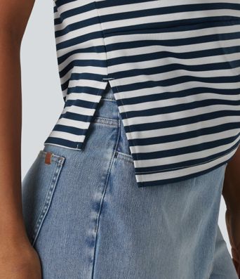 Round Neck Short Sleeve Asymmetric Hem Stripe Casual Top