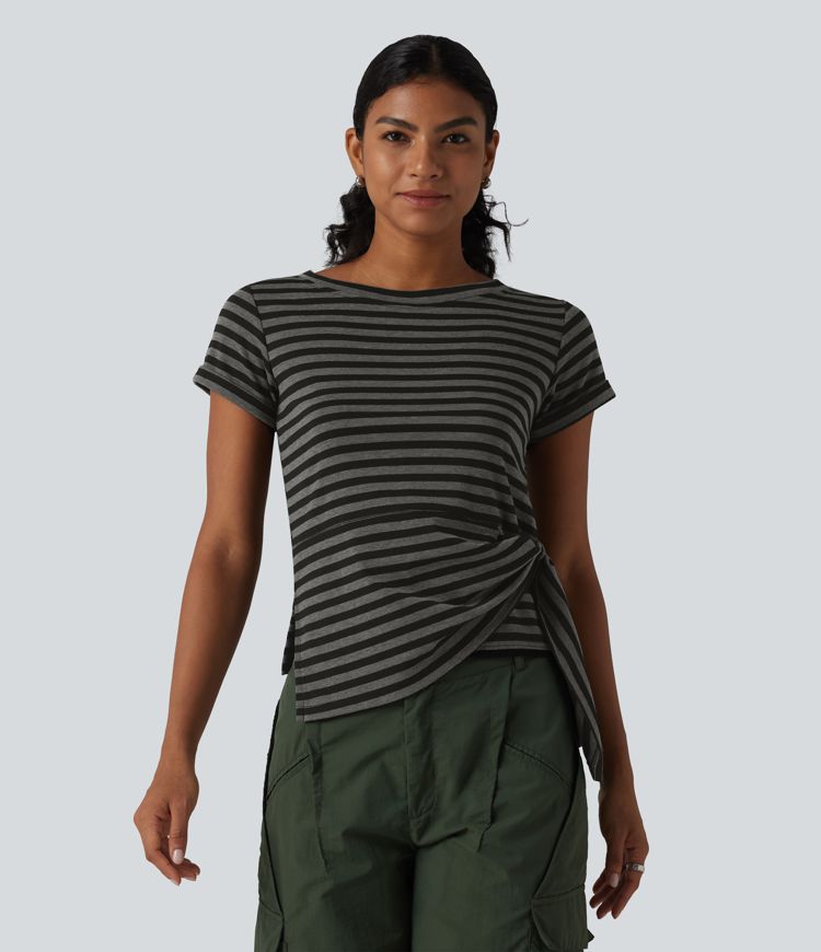 Round Neck Short Sleeve Asymmetric Hem Stripe Casual Top